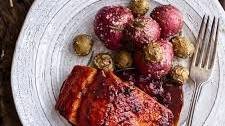Maple Bourbon Glazed Salmon w/Sweet Cranberry-Apple Chutney + Salt Roasted Potatoes.