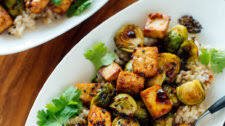 Roasted Brussels Sprouts and Crispy Baked Tofu with Honey-Sesame Glaze