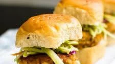 Buffalo Salmon Sliders with Tangy Broccoli Slaw