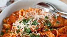 Pasta with Baked Meatballs in Garlicky Tomato sauce