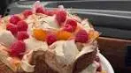 Peach Melba Cake Layers of vanilla sponge and meringue ...