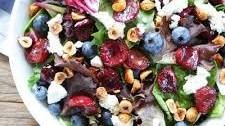 Balsamic Grilled Cherry, Blueberry, Goat Cheese, and Candied Hazelnut Salad