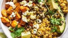 Cauliflower Rice Lunch Bowl with Sweet Potatoes and Chickpeas