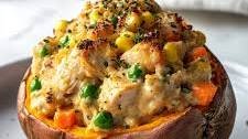 Creamy High-Protein Chicken Pot Pie Stuffed Sweet Potatoes