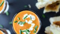 Creamy Tomato Soup Shooters with Grilled Cheese Sticks