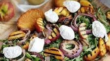 Grilled Peach and Arugula Salad with burrata and red onions