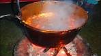 Hungarian Goulash with Recipe - open fire cooking in a big bowl