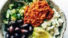 Mediterranean Quinoa Bowls with Roasted Red Pepper Sauce