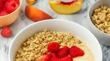 "Peach Melba" Smoothie Bowl with Almond Butter, Raspberries & Granola