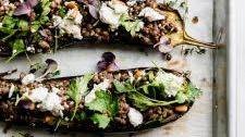 Roasted Eggplant with Goat Cheese, Lentils, and Thyme