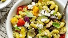 Roasted Rainbow Vegetable Pasta with Cashew Pesto + Goat Cheese