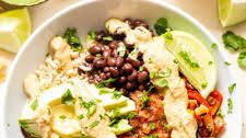 Roasted Veggie Burrito Bowls with Vegan Queso