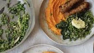 Sausages with Sweet Potato Mash and Wilted Greens