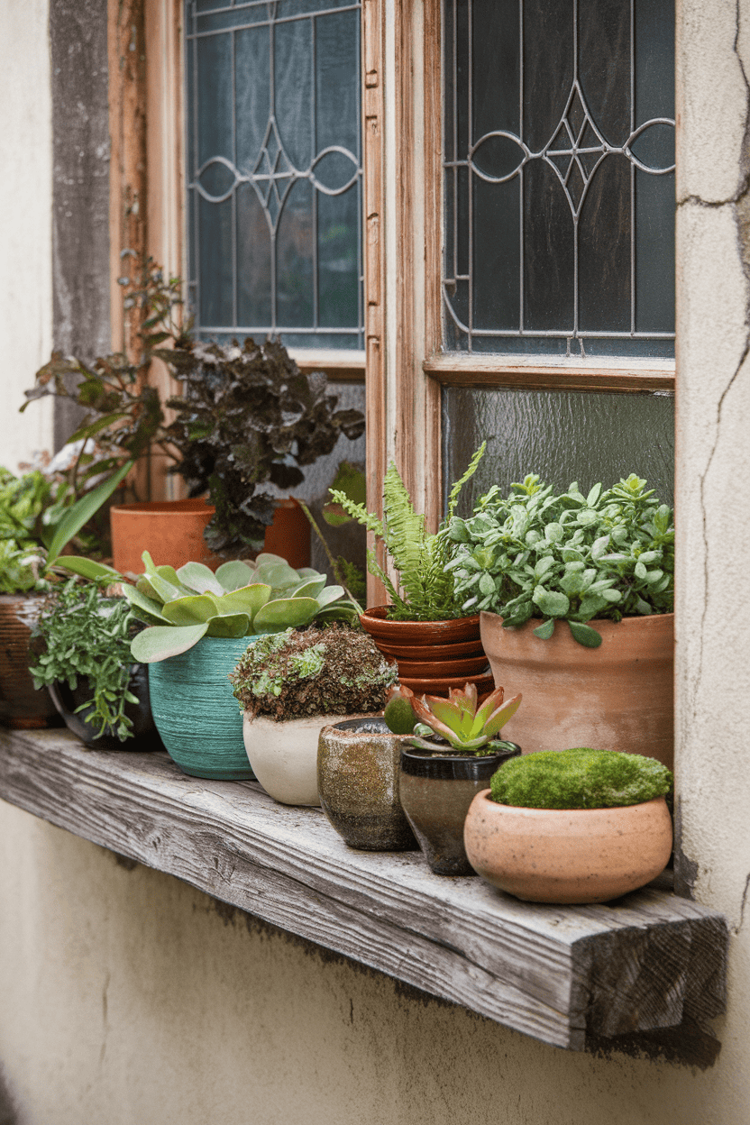 Wooden Window Sills with Plants