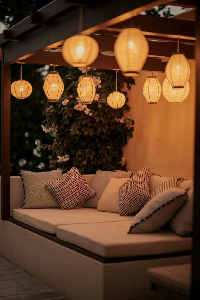 2. Elegant Retreat with Lanterns and Monochrome Cushions