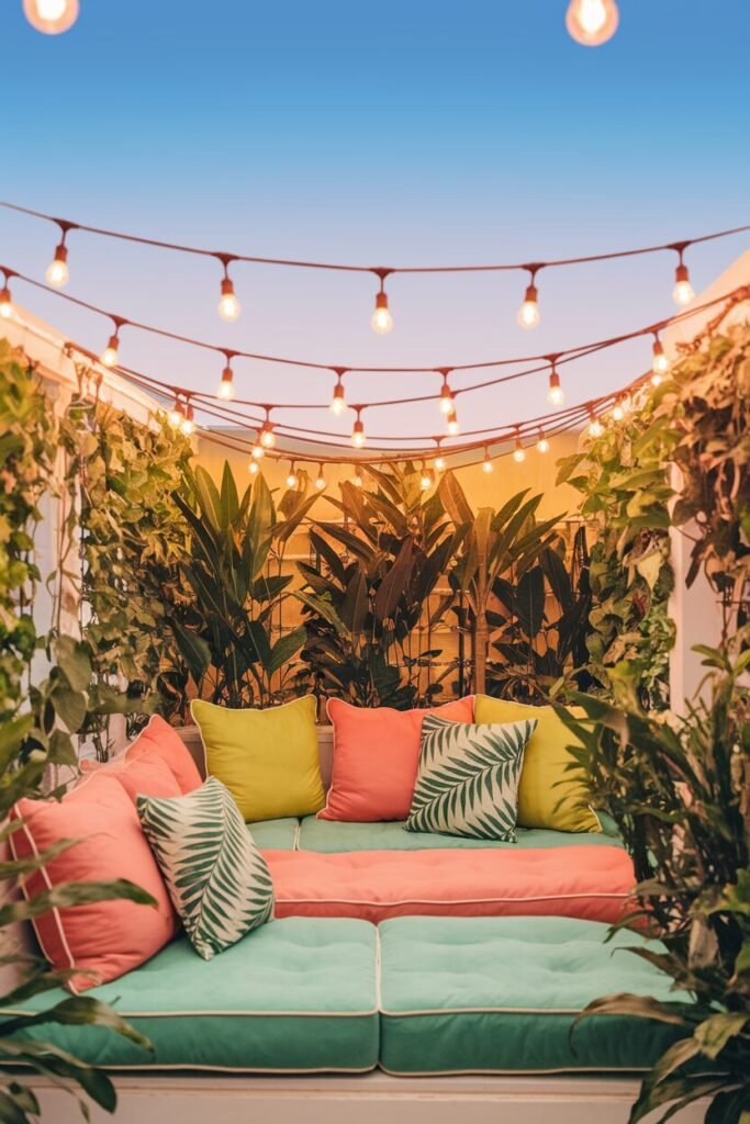 3. Vibrant Oasis with String Lights and Tropical Cushions
