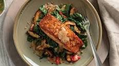 Pan-Seared Salmon with Lemon-Dill Butter Sauce and Sautéed Mushrooms and Spinach Thumbnail