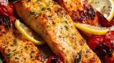 Lemon garlic salmon tray bake - easy & healthy! Thumbnail
