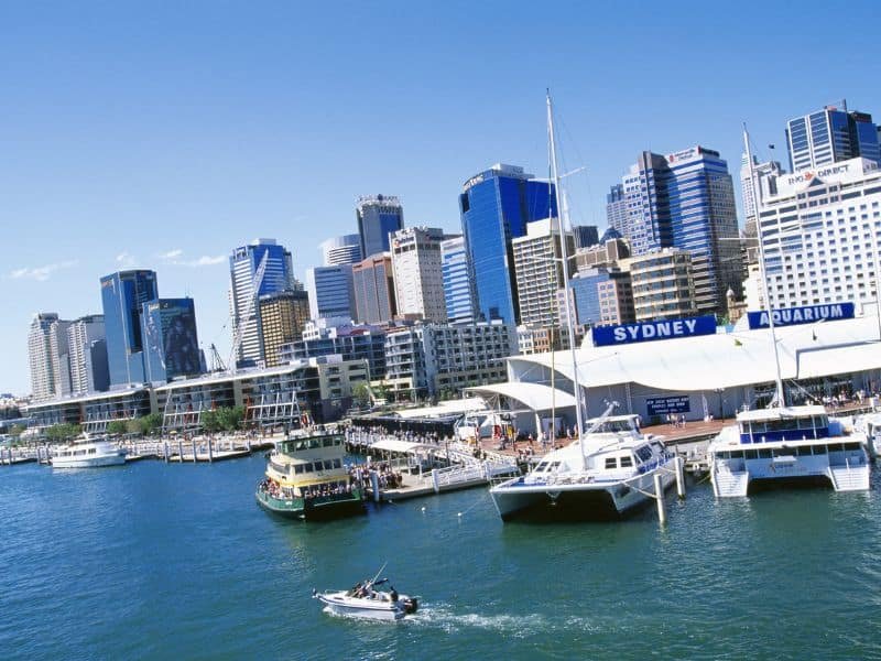 City skyline with modern skyscrapers overlooking a marina filled with boats on a clear blue day.