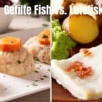 Image comparing gefilte fish and lutfisk dishes, showcasing gefilte fish served with carrots on one side and lutfisk with potatoes and green peas on the other.