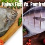 Halwa fish and pomfret displayed side by side on a wooden cutting board with green chilies and tomatoes, highlighting their differences in appearance and preparation.