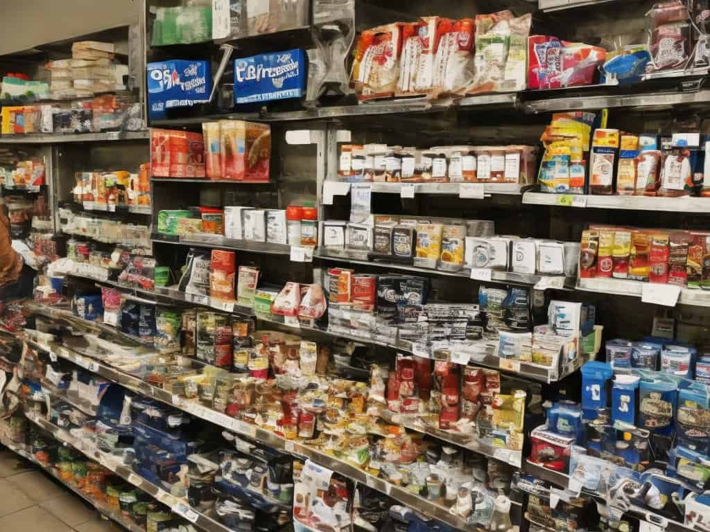 A well-organized grocery store aisle displaying a variety of snacks, canned goods, and packaged food items on multiple shelves.