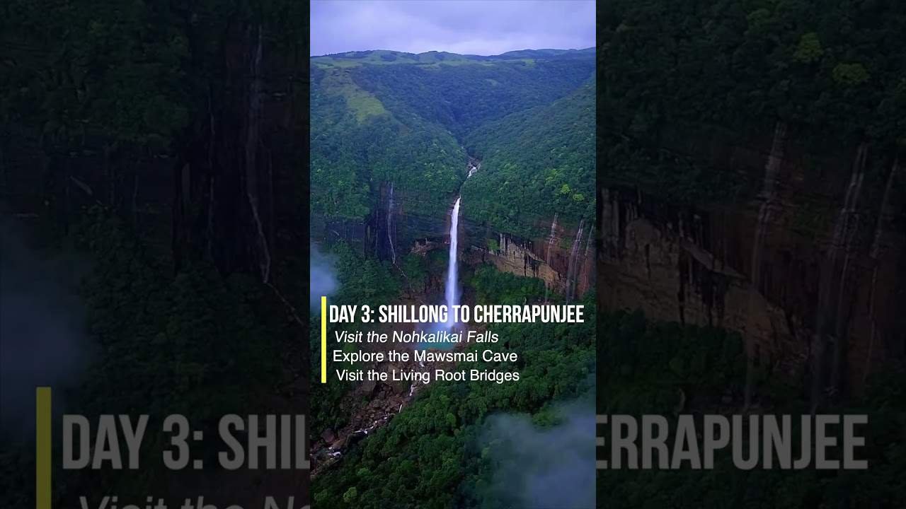 Scenic view of Nohkalikai Falls in Cherapunjee, surrounded by lush green hills, representing Day 2 of a travel itinerary from Shillong to Cherapunjee, highlighting activities like visiting waterfalls and exploring caves.