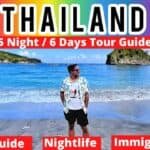 Man standing on a beach in Thailand with vibrant blue water and a scenic backdrop, promoting a 5-night, 6-day tour guide featuring sections on travel tips, nightlife, and immigration.