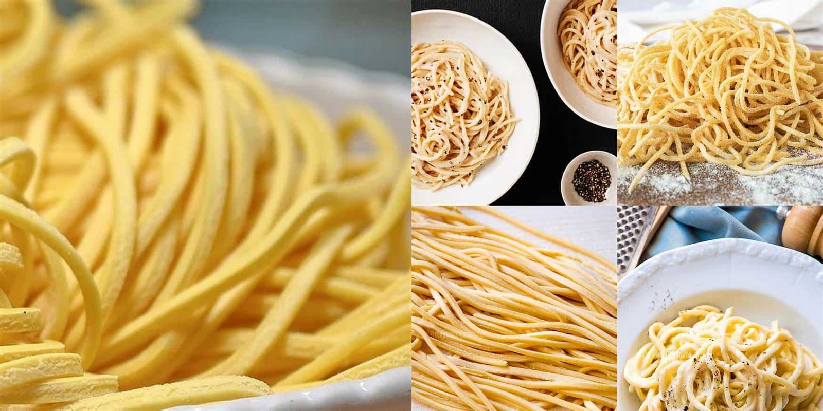 Close-up of freshly cooked pasta in various styles, including long strands and served in bowls, highlighting the texture and color of the noodles. Perfect for Italian cuisine enthusiasts and food photography.