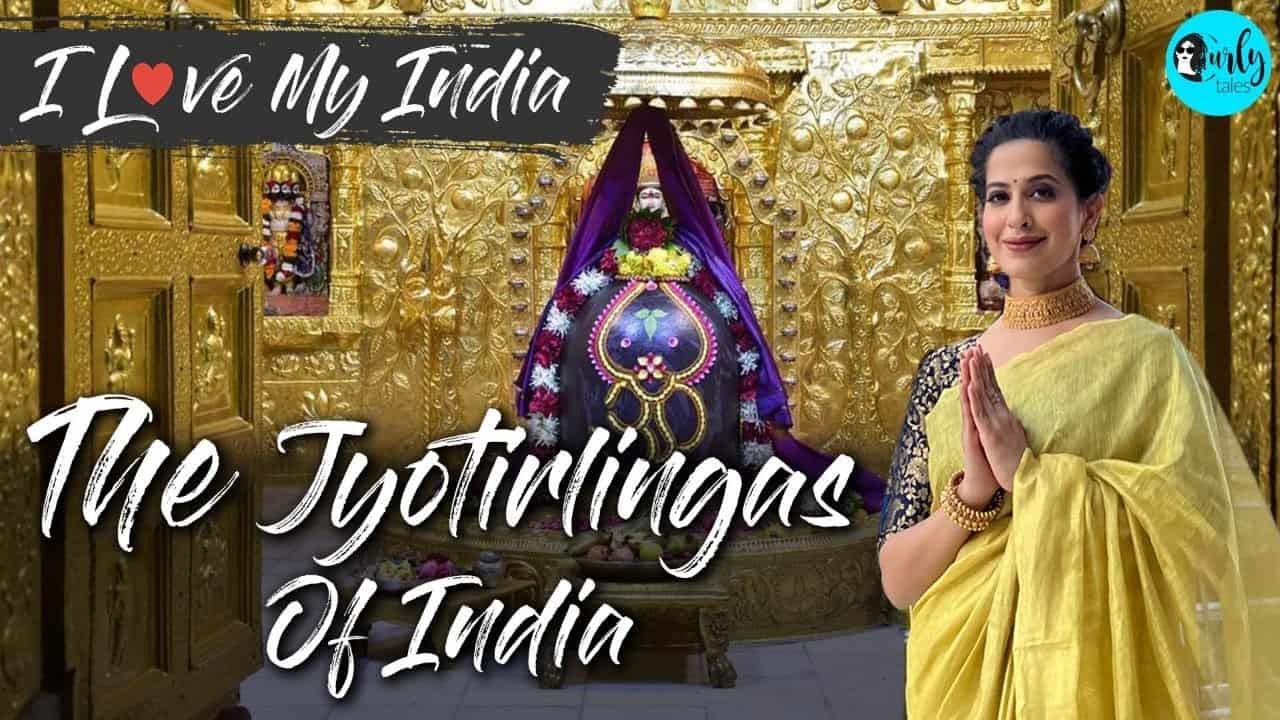 A woman in traditional attire stands in front of a beautifully adorned temple, showcasing the Jyotirlingas of India, with intricate golden decorations and a colorful backdrop.
