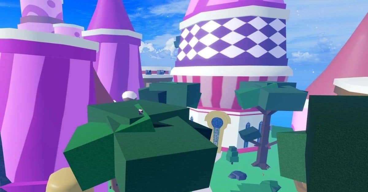 Colorful fantasy landscape featuring pink and purple towers with geometric patterns, surrounded by green blocky terrain and stylized trees under a bright blue sky.