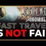 Image promoting a video about the game "STALKER: Anomaly," highlighting the theme of fast travel mechanics with a bold statement that it does not fail.