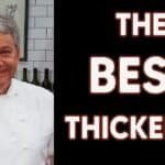 Chef smiling in a kitchen, promoting the best thickened sauces, with text overlay highlighting the topic.