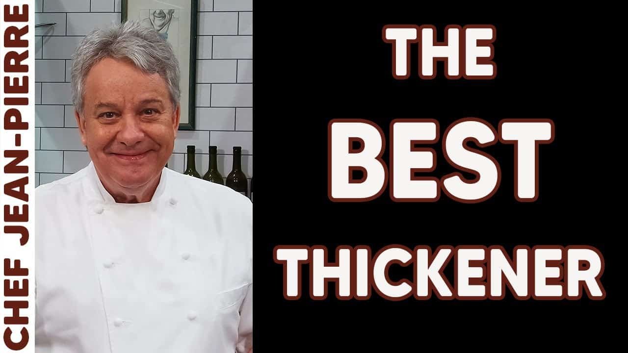 Chef smiling in a kitchen, promoting the best thickened sauces, with text overlay highlighting the topic.