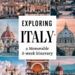 Collage of iconic Italian landmarks with the text "Exploring Italy: A Memorable 5-Week Itinerary," showcasing famous sites and cultural highlights for travelers planning an extensive trip to Italy.