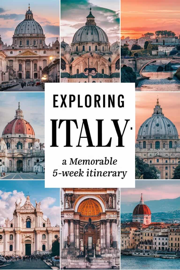 Collage of iconic Italian landmarks with the text "Exploring Italy: A Memorable 5-Week Itinerary," showcasing famous sites and cultural highlights for travelers planning an extensive trip to Italy.