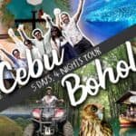 The Ultimate 5-Day Bohol Itinerary Cebu and Bohol tour promotional image featuring highlights of a 5-day, 4-night adventure, showcasing activities like ATV riding, scenic landscapes, and local wildlife.