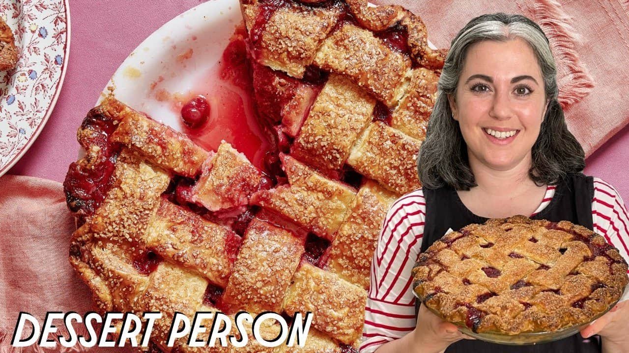 Woman holding a freshly baked pie with a lattice crust, next to a close-up of a slice of pie filled with cherry filling.