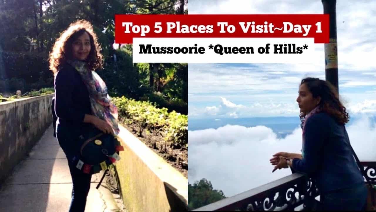 Image showcasing "Top 5 Places to Visit - Mussoorie, Queen of Hills," featuring a scenic view and a traveler enjoying the landscape. The image highlights the beauty of Mussoorie, a popular hill station in India, known for its picturesque views and tourist attractions.
