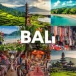 Collage of stunning Bali landscapes featuring rice terraces, beautiful beaches, vibrant markets, and traditional temples, showcasing the island's natural beauty and cultural richness.