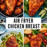 Air fryer chicken breast served in various styles, showcasing crispy, golden-brown pieces alongside fresh vegetables and garnishes, highlighting a healthy and delicious meal option.