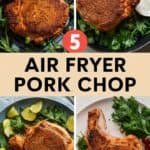 Five delicious air fryer pork chop recipes, showcasing perfectly cooked chops served with fresh greens and lime wedges. Ideal for quick and flavorful meals.