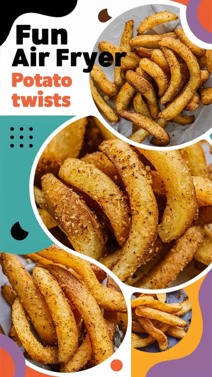 Crispy potato twists seasoned with spices, served in a bowl, showcasing their golden-brown texture and unique spiral shape. Ideal for snacks or appetizers.