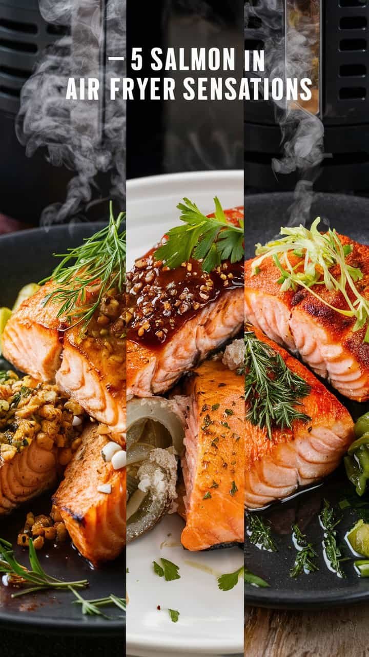 Grilled salmon fillets garnished with herbs and sesame seeds, served on a plate with a rich sauce, showcasing a delicious and healthy seafood dish.