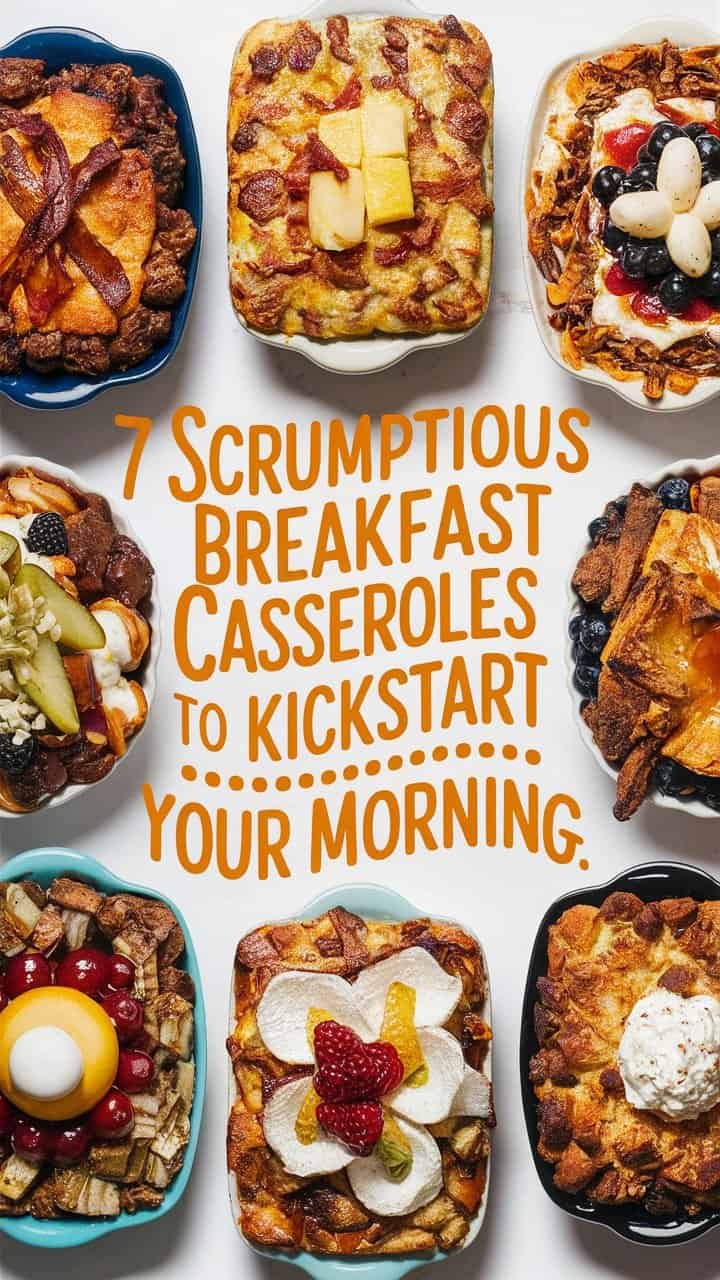 A variety of delicious breakfast casseroles arranged in colorful dishes, showcasing seven scrumptious recipes designed to energize your morning.