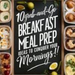 Image featuring a chalkboard listing "10 Grab-and-Go Breakfast Meal Prep Ideas to Conquer Your Mornings," surrounded by various healthy breakfast options in containers, including fruits, yogurt, and baked goods.