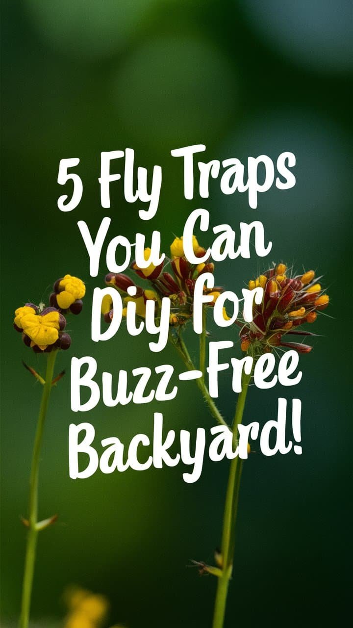 Image promoting DIY fly traps for a buzz-free backyard, featuring the text "5 Fly Traps You Can DIY for Buzz-Free Backyard!" against a natural background with flowers.