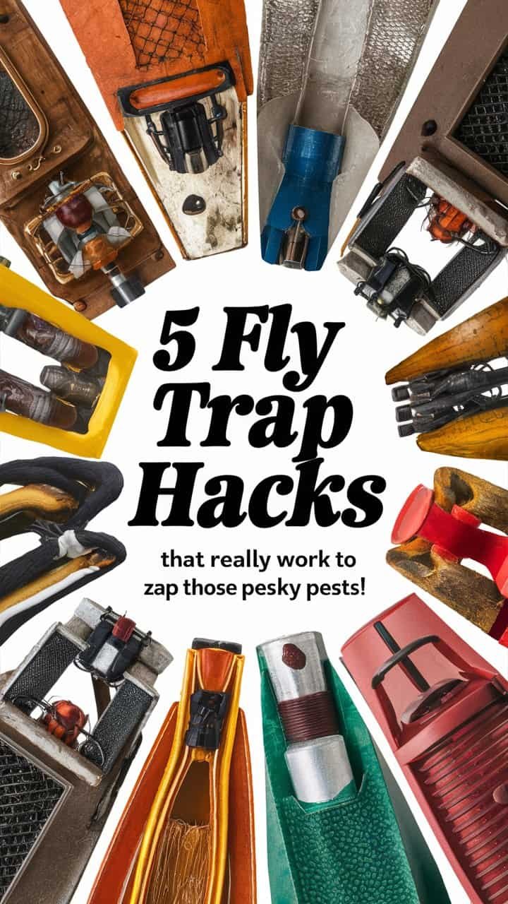 Collection of various fly traps with the text highlighting "5 Fly Trap Hacks" to effectively eliminate pesky pests.