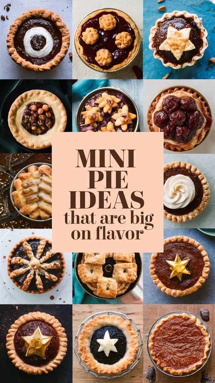 A variety of delicious mini pies displayed on a table, showcasing different flavors and decorative crusts, with text overlay reading "Mini Pie Ideas That Are Big on Flavor."