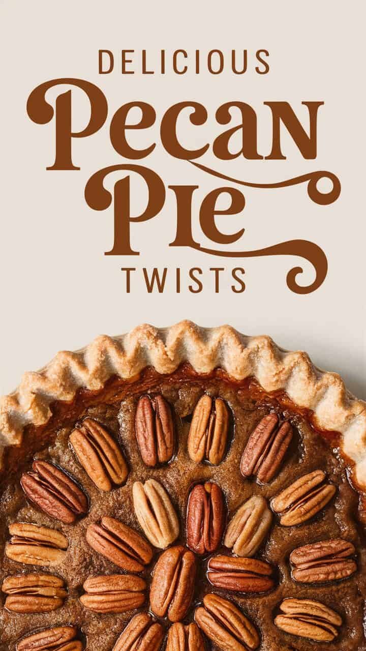 Pecan pie with a golden crust topped with whole pecans, featuring the text "Pecan Pie Twists" above it, ideal for autumn desserts and holiday gatherings.